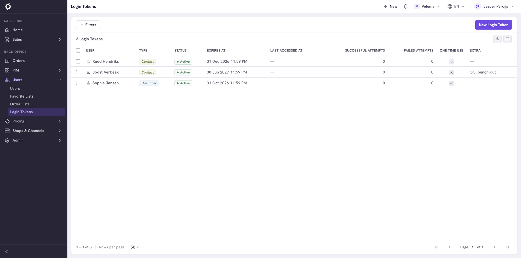 Login Tokens page listing three tokens with their owner, type, expiry date and whether they can be used once