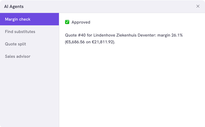 The AI Agents dialog on a quote with the answer of the Margin validator: Approved, with the margin of the quote as a percentage and an amount