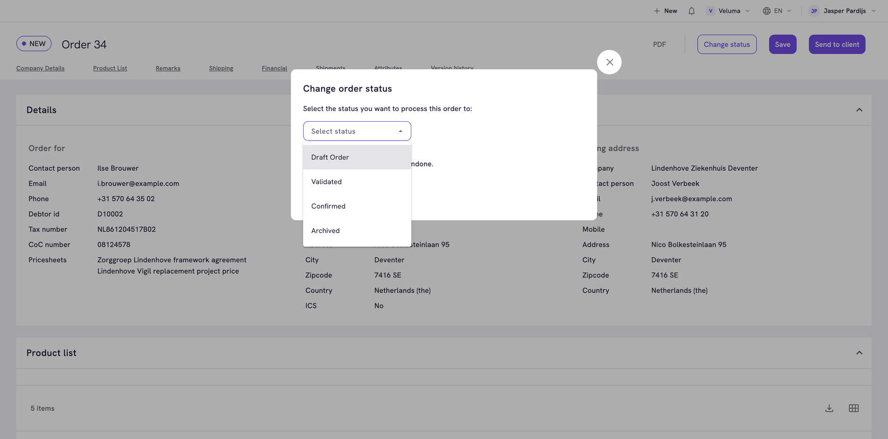 Change order status dialog on an order, with the statuses that may follow