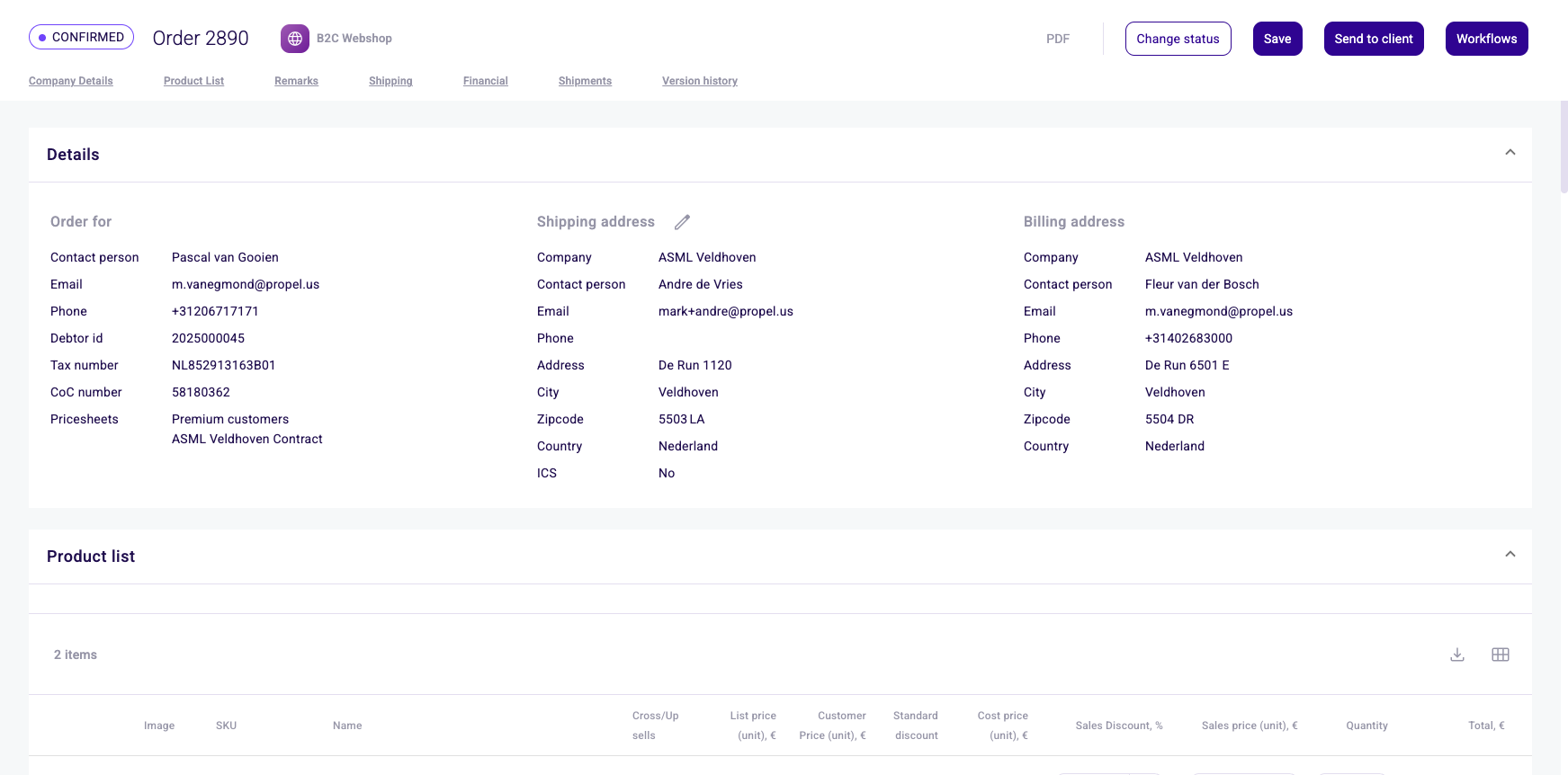 Order detail with addresses