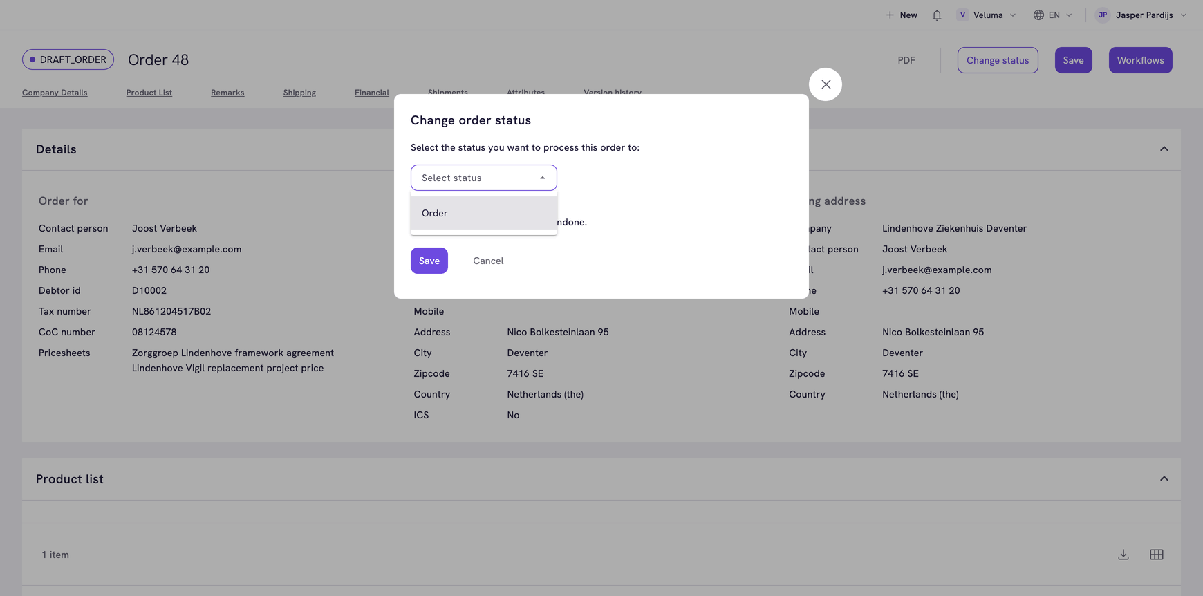 Change order status dialog on a draft order, with Order as the next status