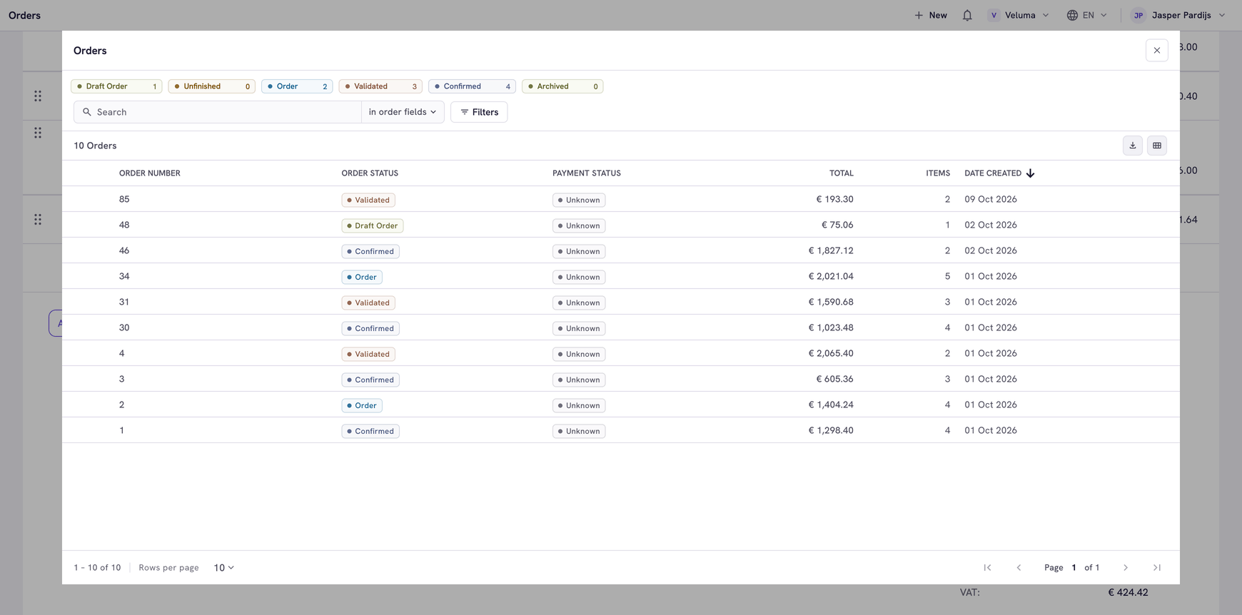 Order history dialog listing the earlier orders of the company