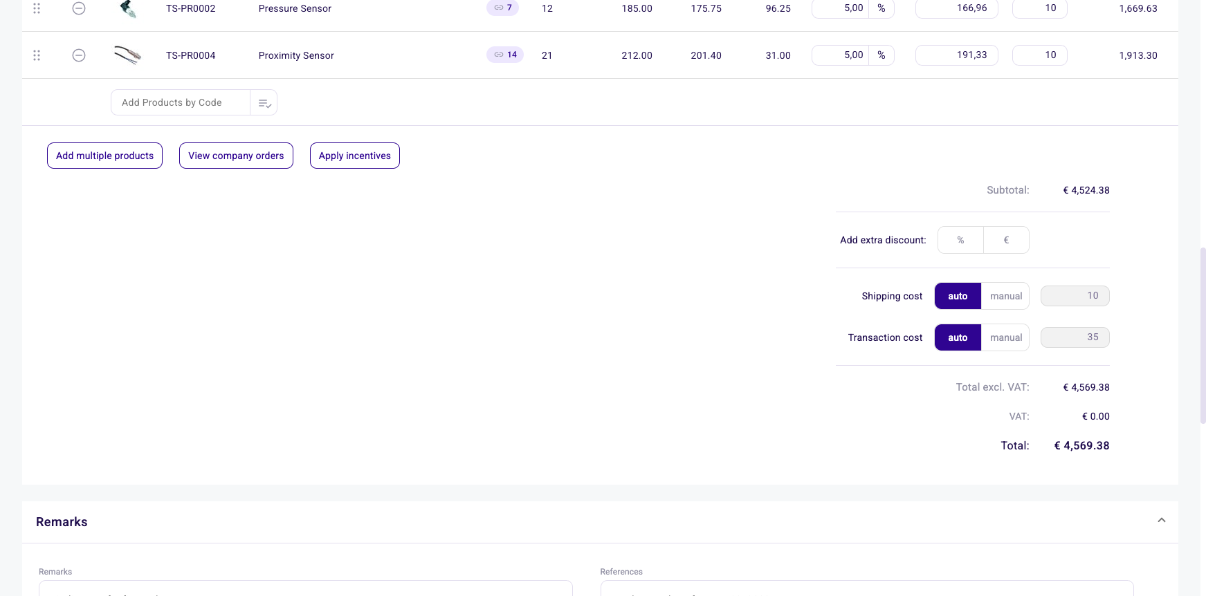 Order editor product list