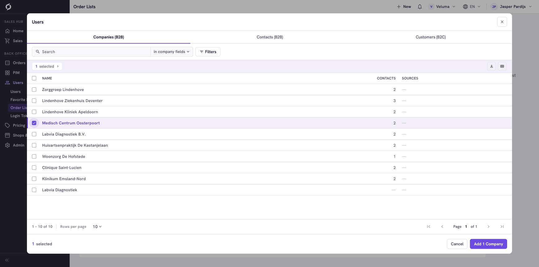 Users dialog with one company selected and the Add companies button