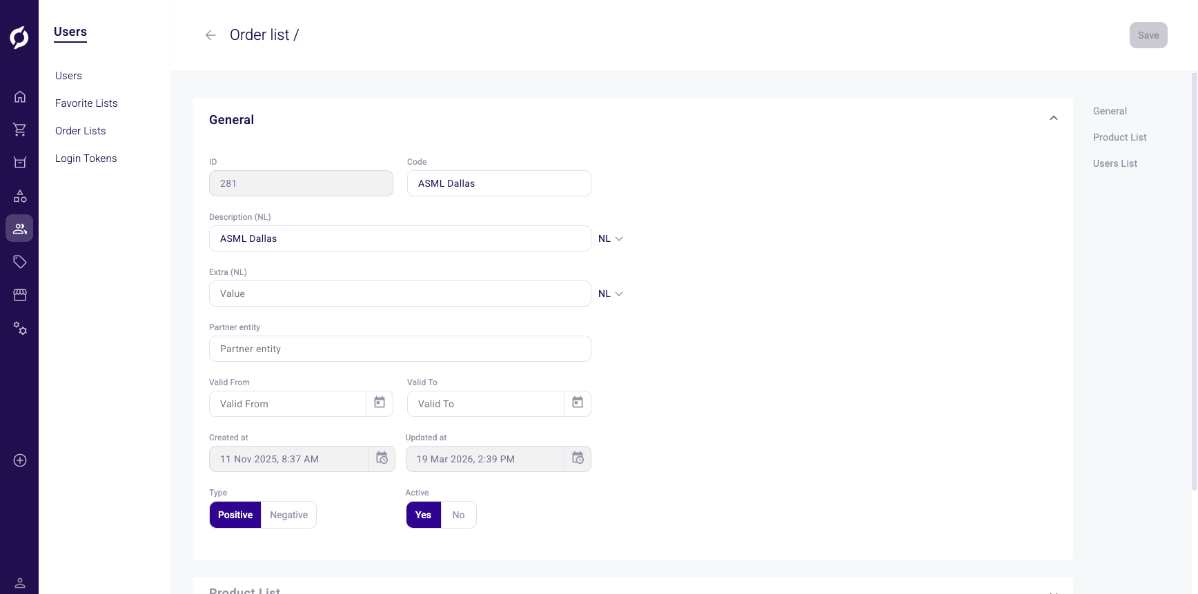 Order list detail general section
