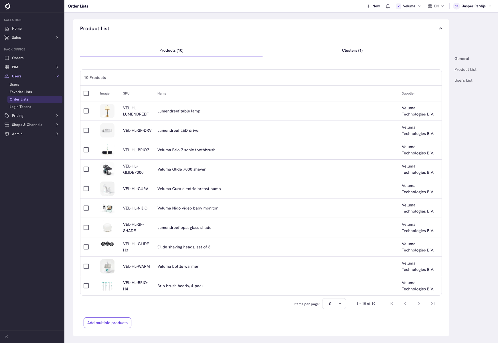 Product List section of an order list with the Products tab