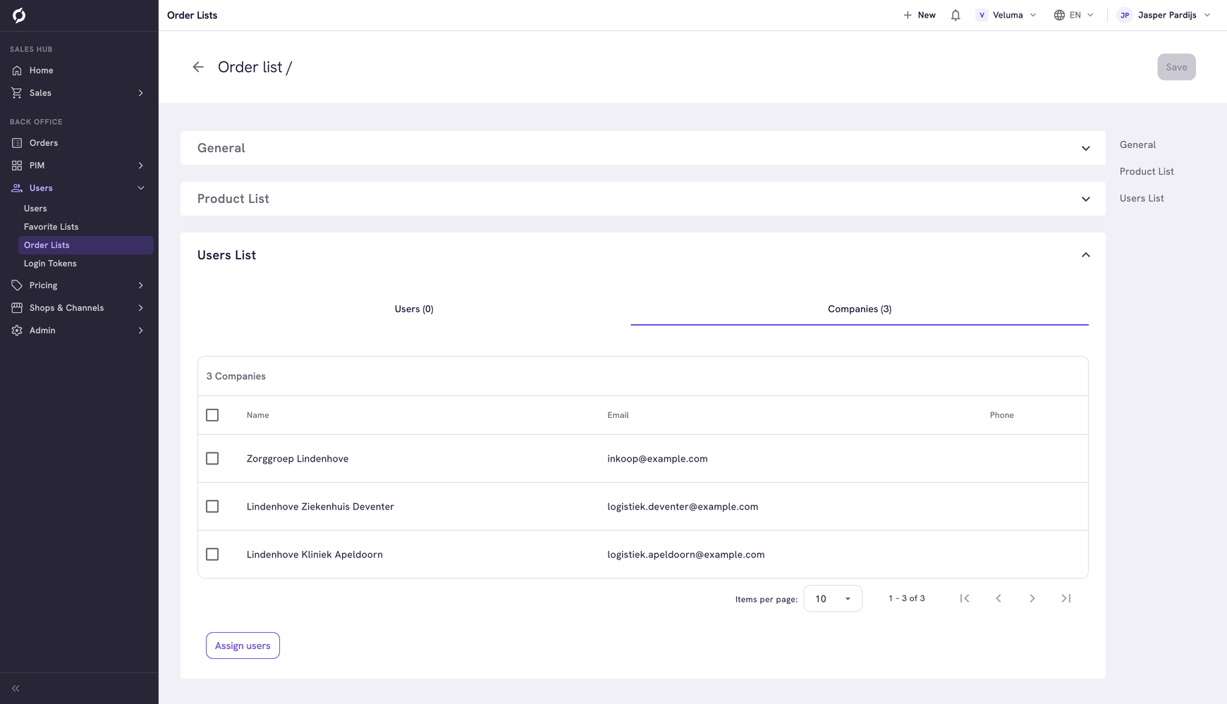 Users List section of an order list with the Companies tab
