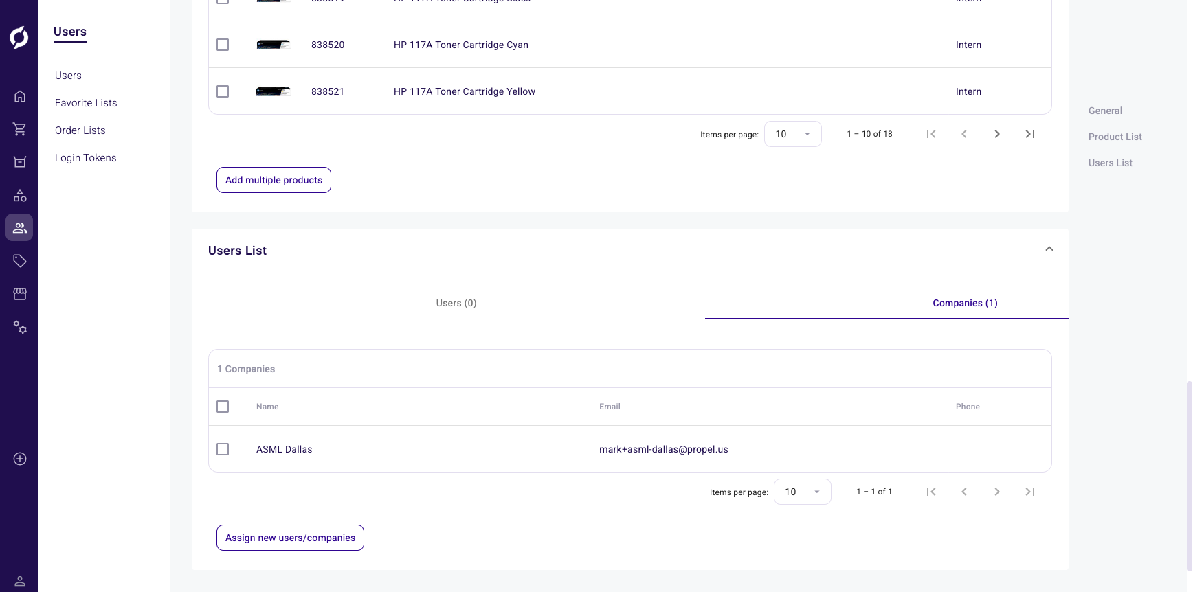 Order list users section