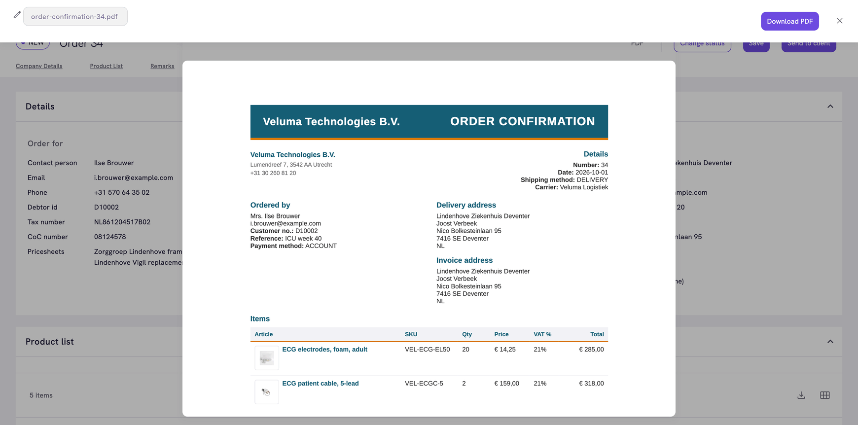 PDF preview of an order confirmation with the Download PDF button