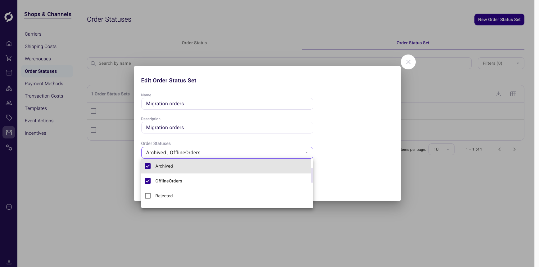 Edit order status set dialog