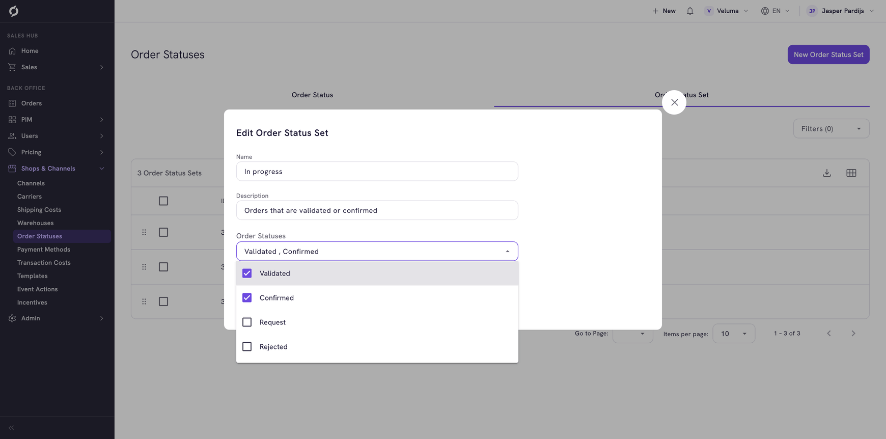 Edit Order Status Set dialog with the list of order statuses open