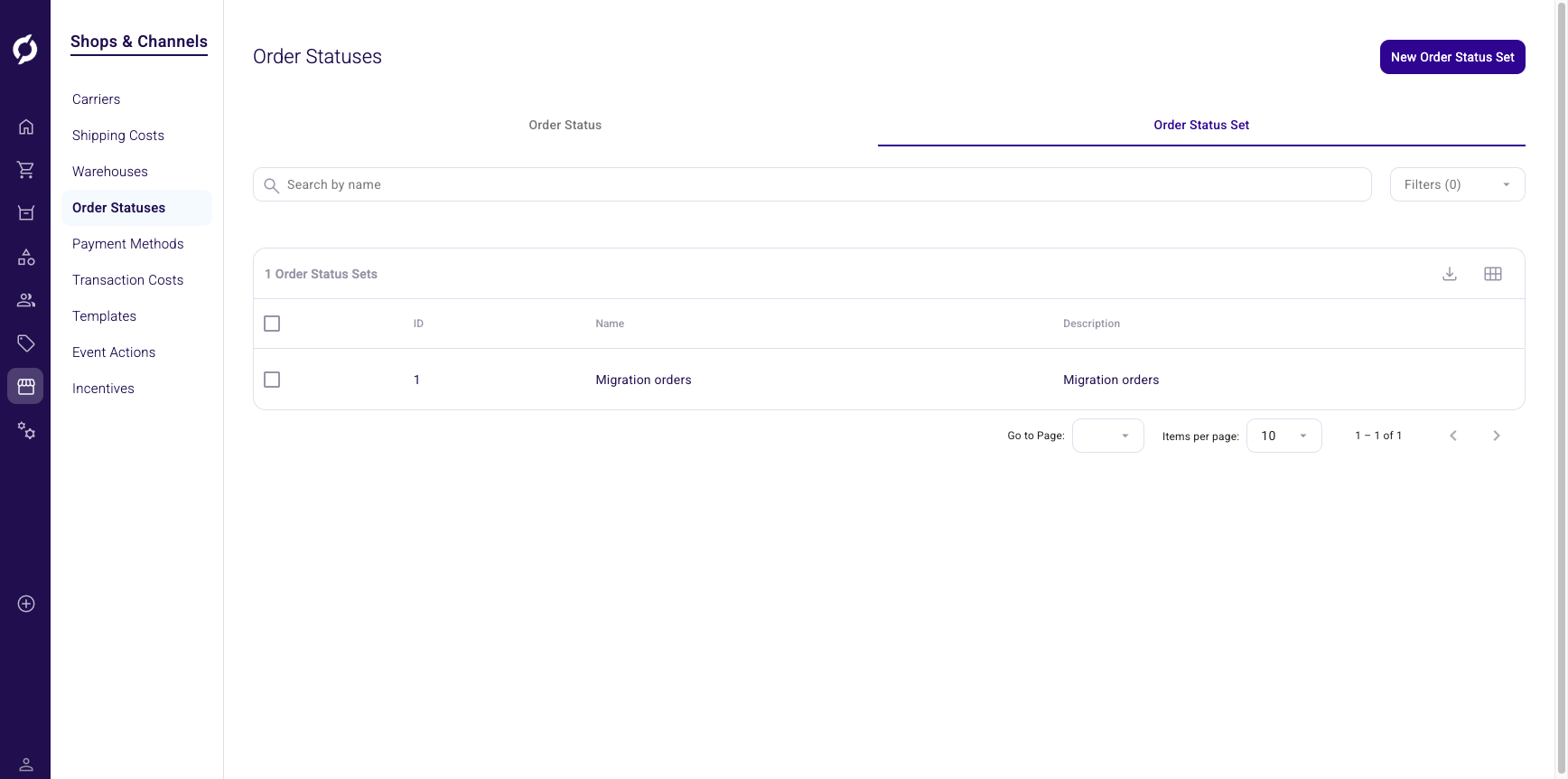 Order status sets tab