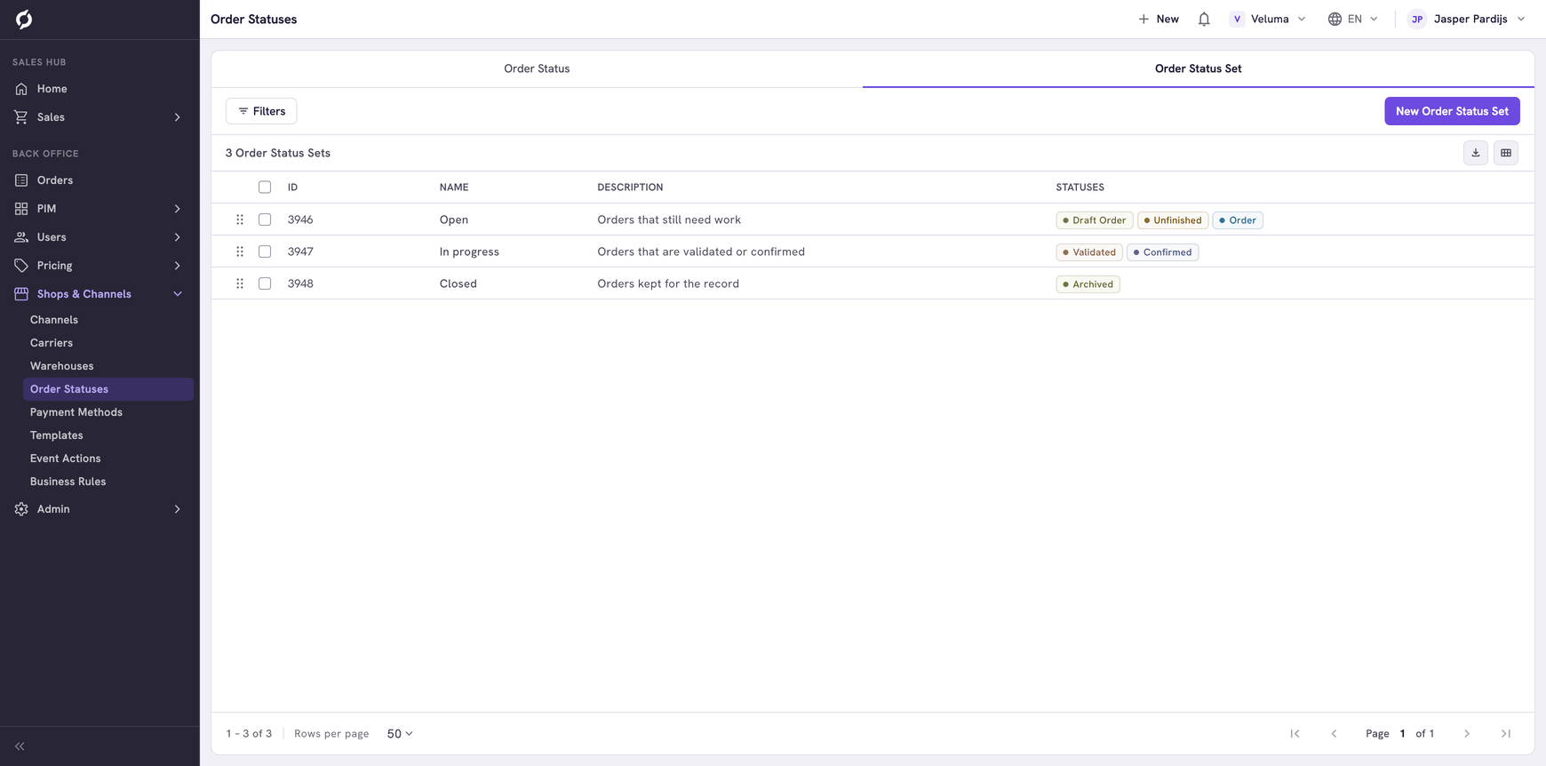 Order Status Set tab with three status sets