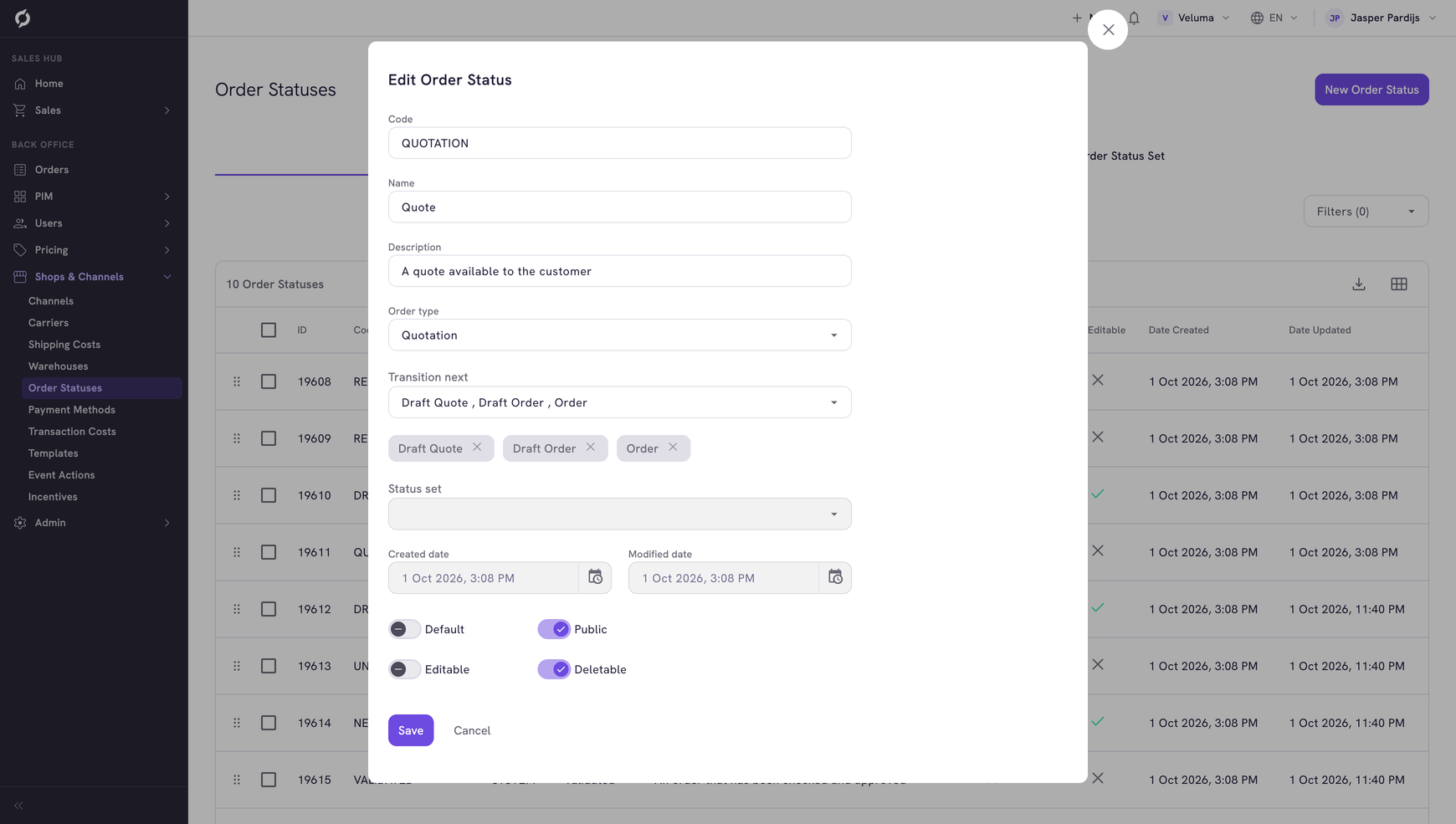Edit Order Status dialog with the status fields and the four flags