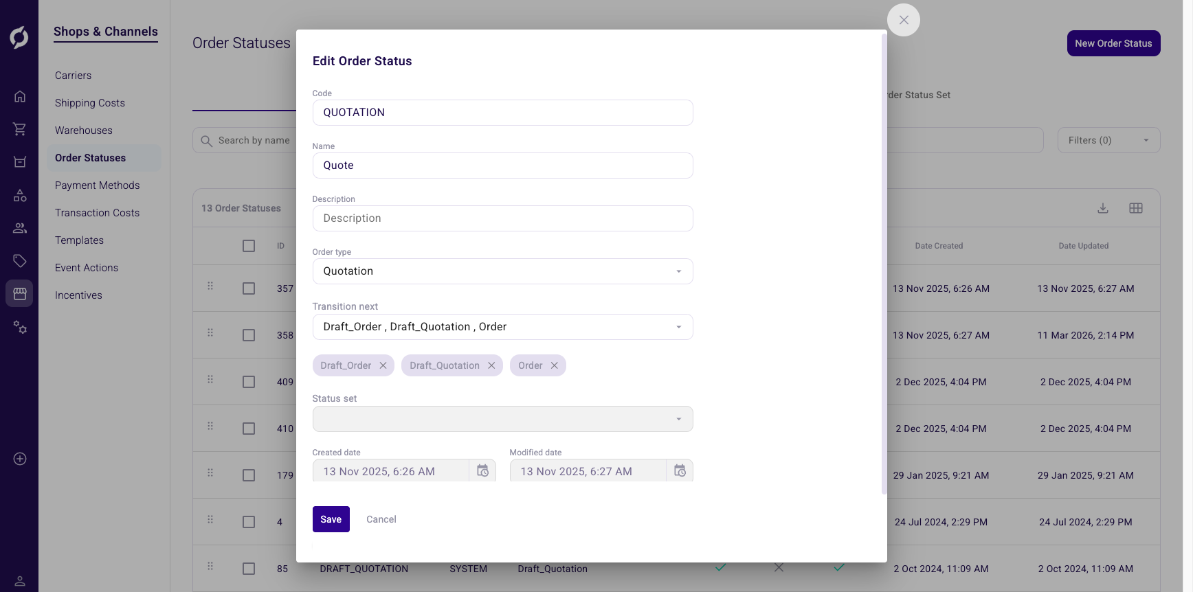 Edit order status dialog