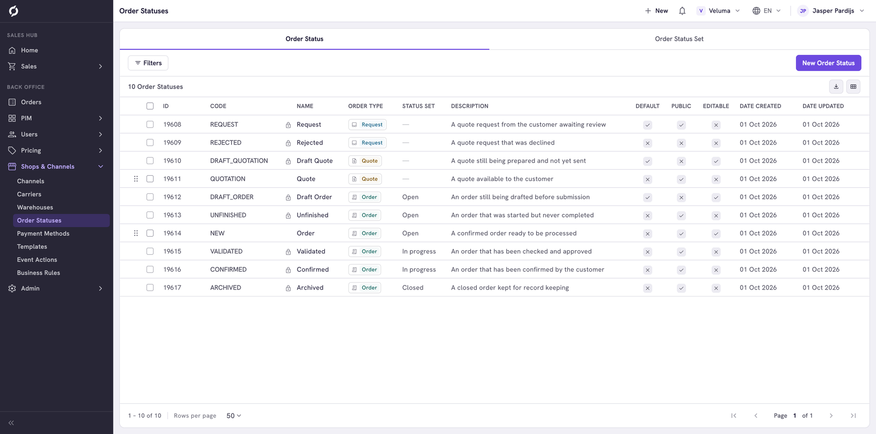 Order Statuses page on the Order Status tab