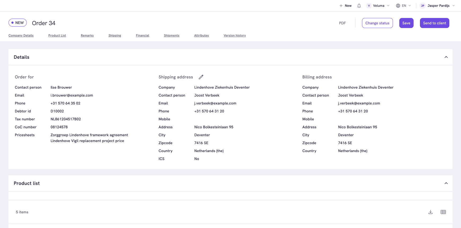 Order editor opened from the Backoffice, with the header buttons and the Details section
