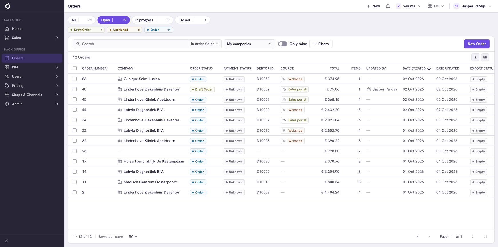 Backoffice Orders list on the Open group, one of three order status sets, with the statuses of that group in the row below it