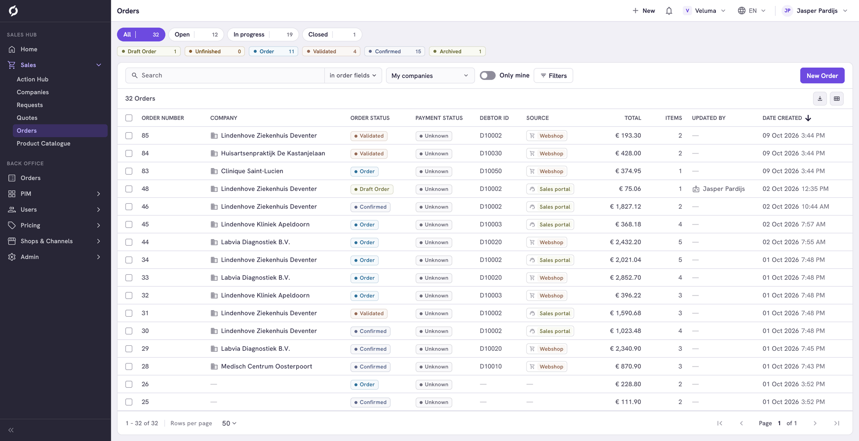 Orders list in the Sales Hub with the newest orders on top