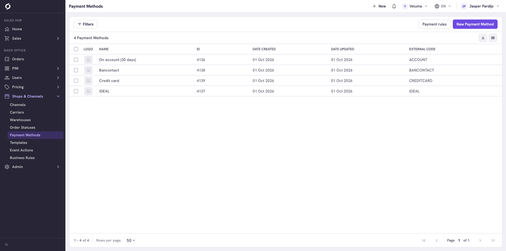 Payment Methods list with four payment methods and the Payment rules button above it