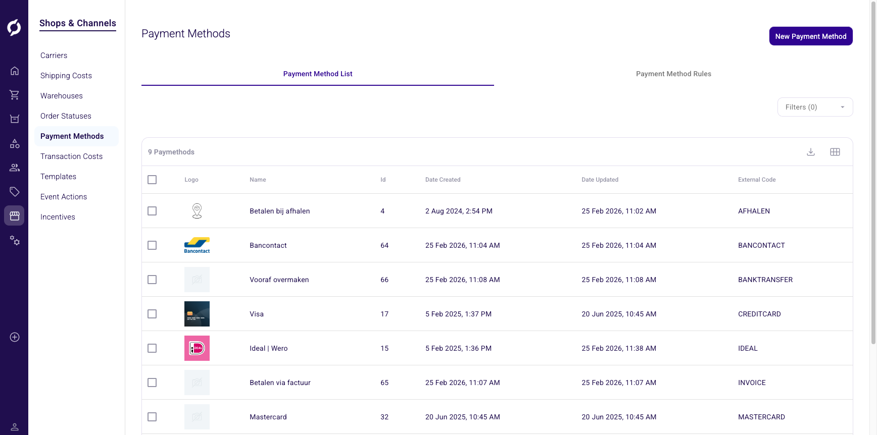 Payment methods list