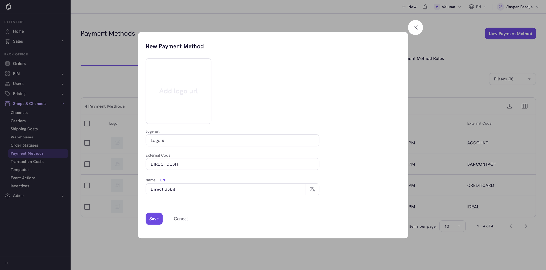 New Payment Method dialog with the logo address, the External Code and the name