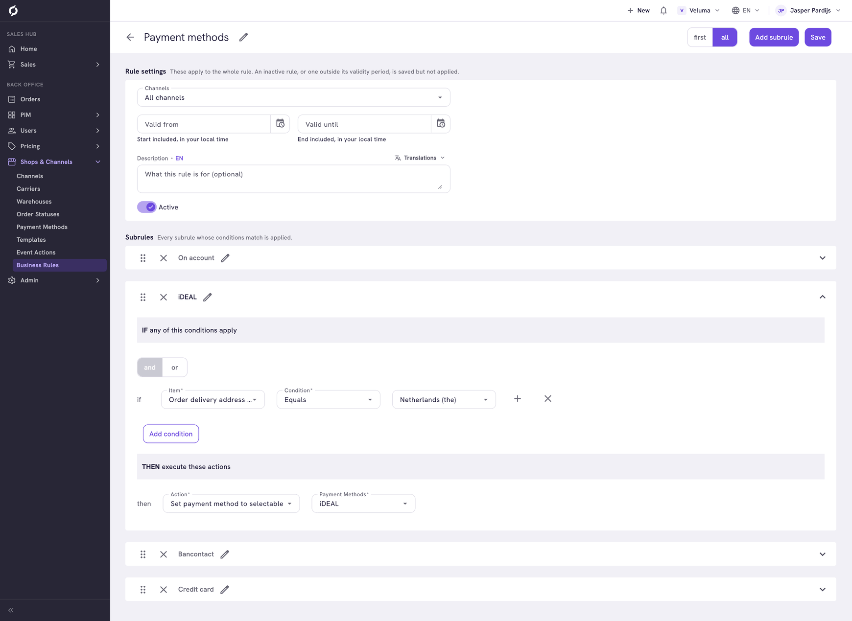 Payment method rule in the rule builder with four subrules. The open one offers iDEAL when the delivery country is the Netherlands