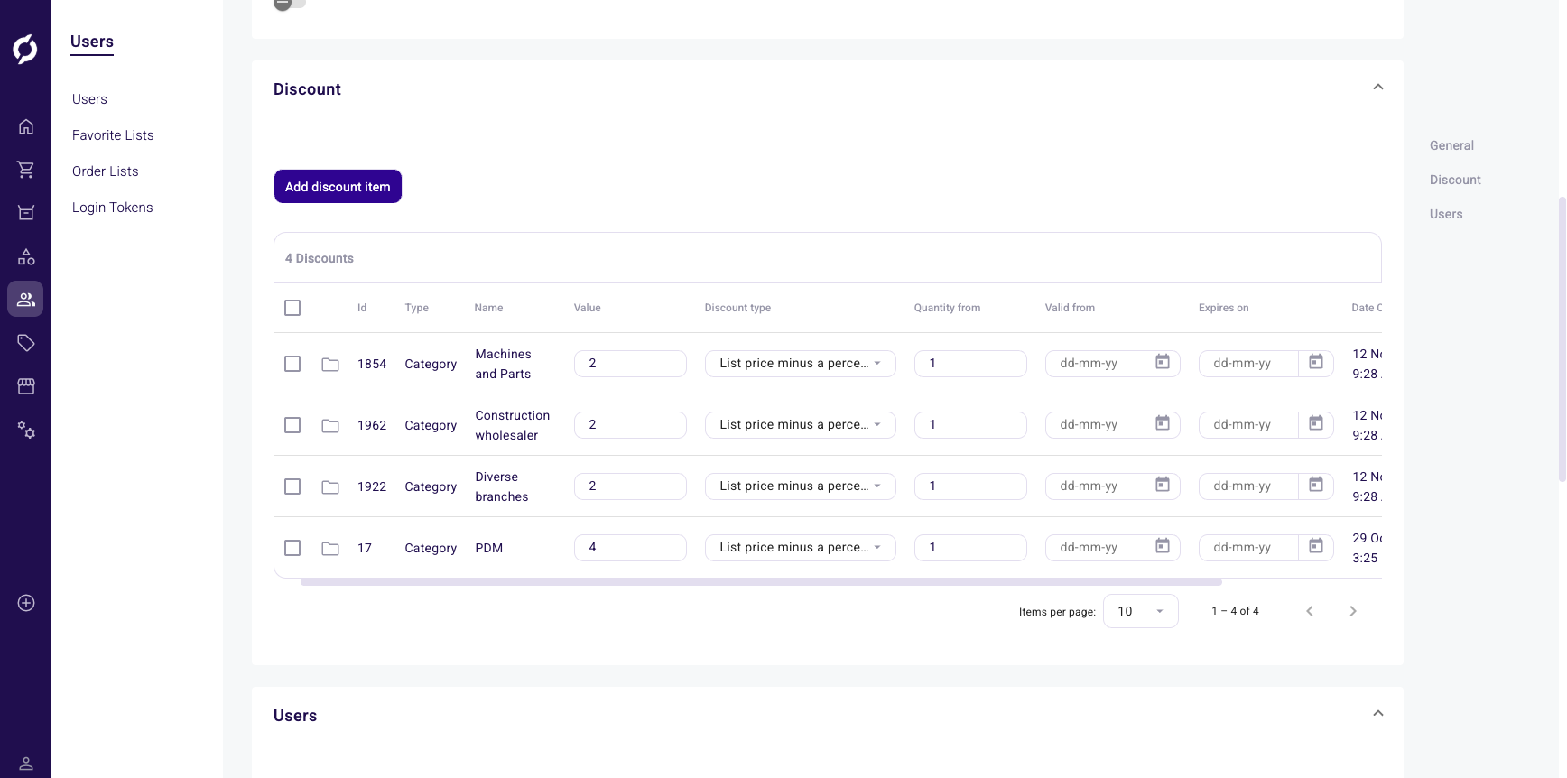 Price sheet discount section