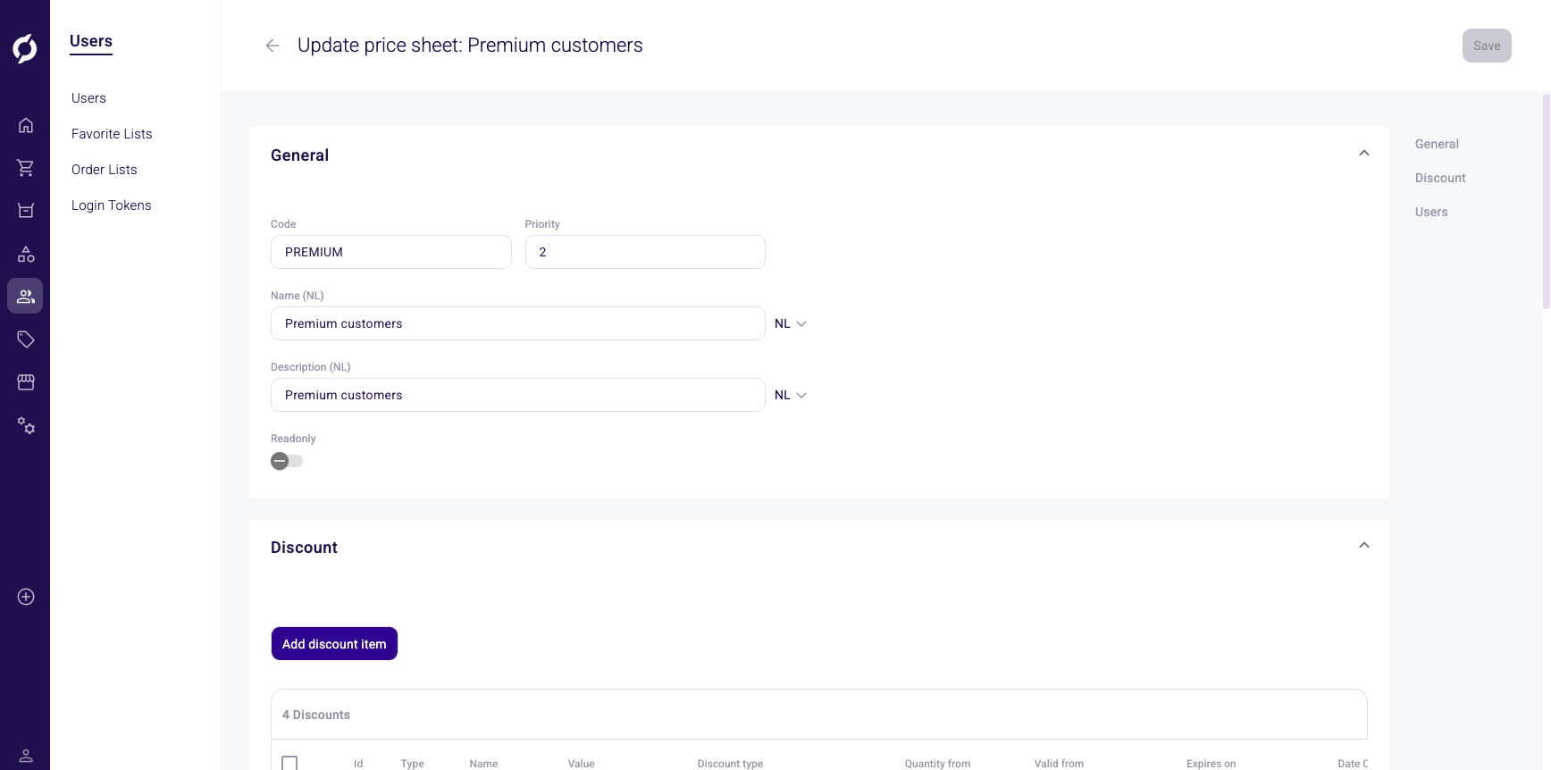 Price sheet detail general section
