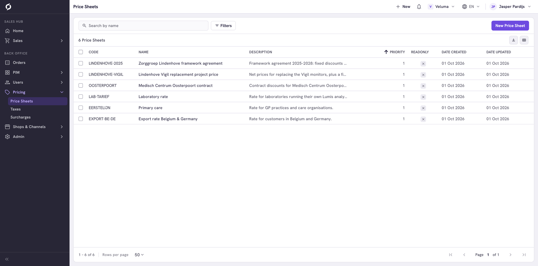Price Sheets list with the code, name, priority and dates of each price sheet