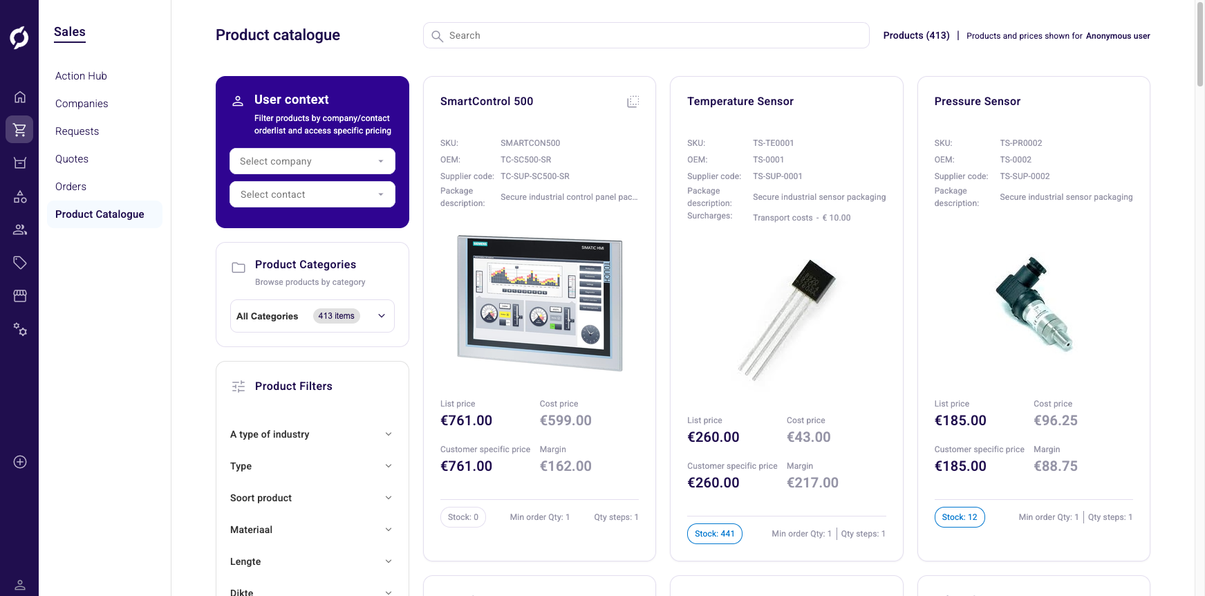 Product catalogue with user context