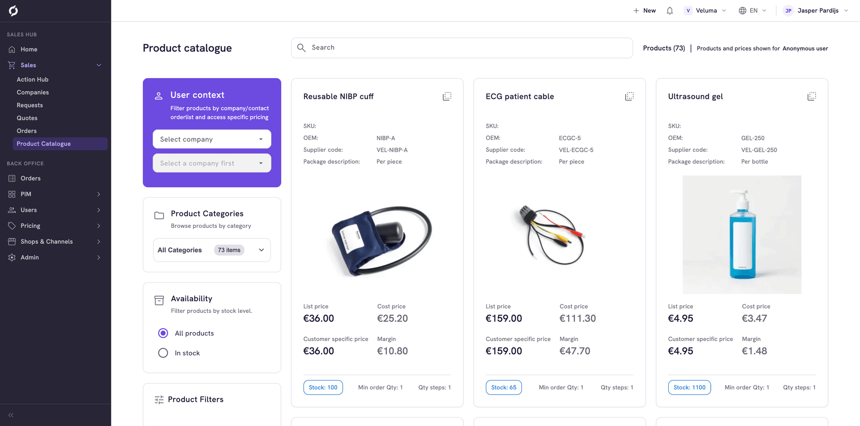 Product catalogue for the anonymous user, with the User context panel, categories, availability and product cards