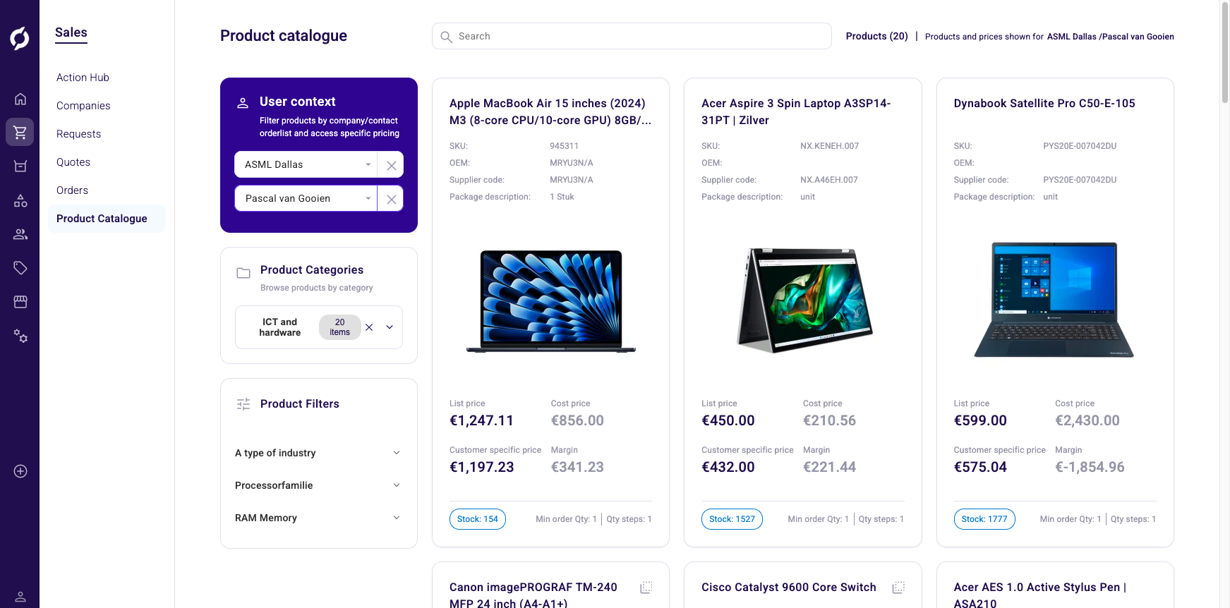 Catalogue with company selected