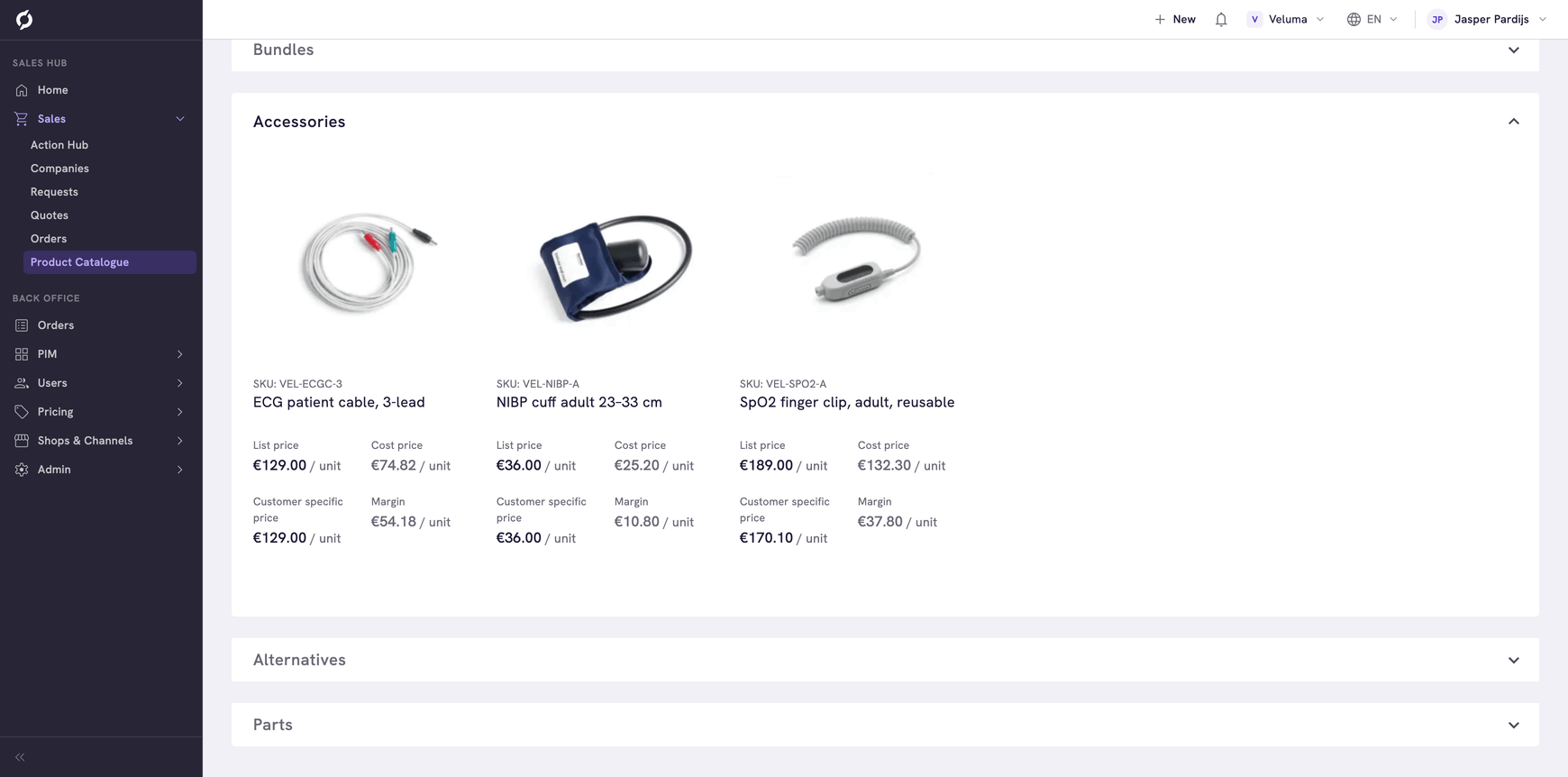 Accessories panel open with three products, above the Alternatives and Parts panels