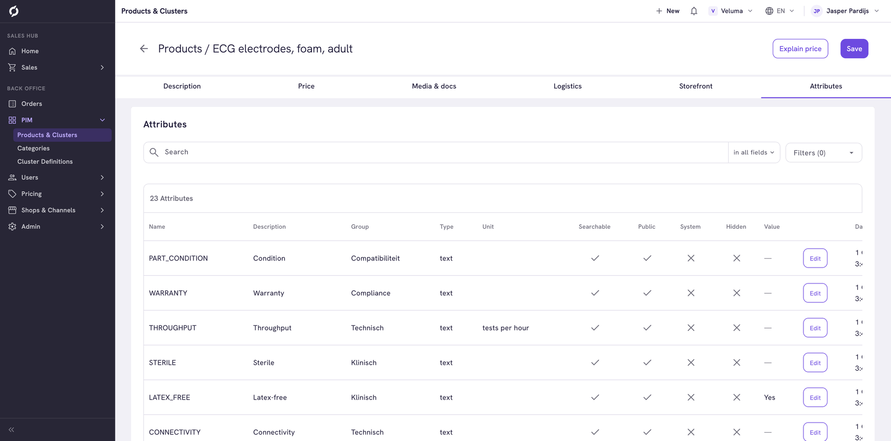 Attributes tab of a product with the table of attributes and their values