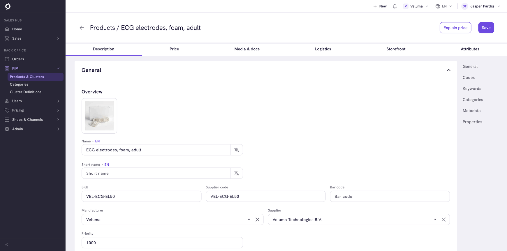 Product detail page with the Description tab and the General section