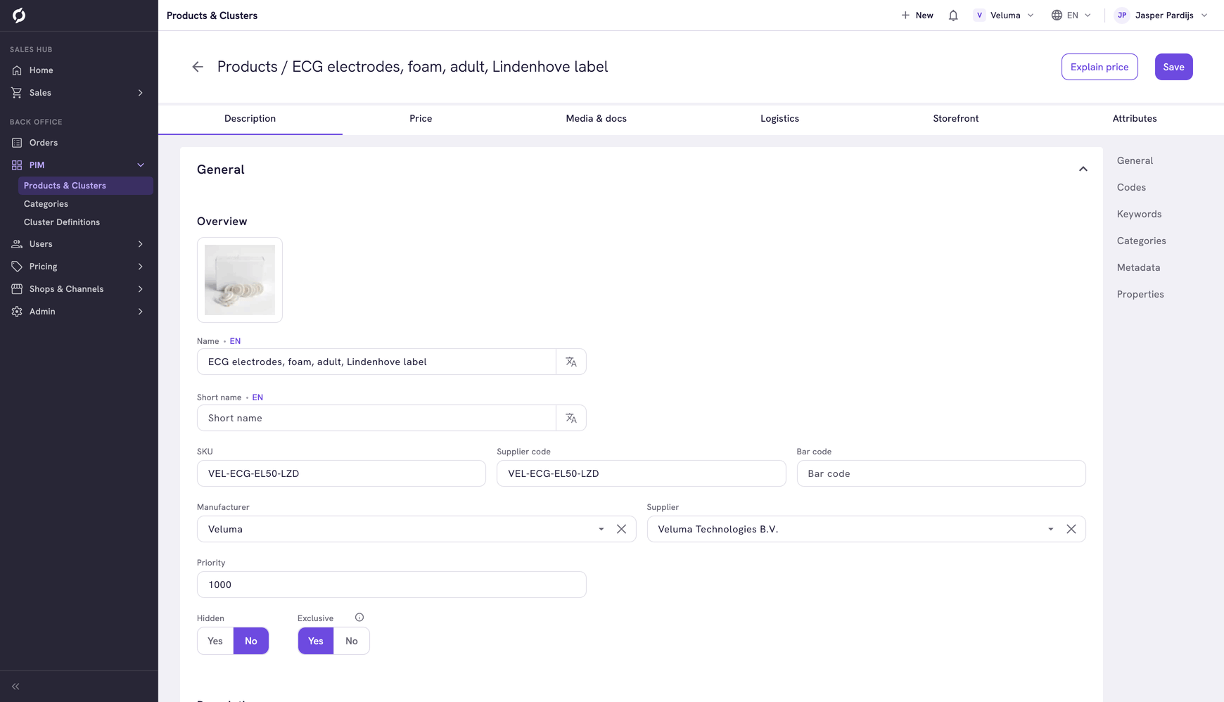Description tab of the product ECG electrodes, foam, adult, Lindenhove label, with Exclusive set to Yes next to Hidden and an info icon beside Exclusive