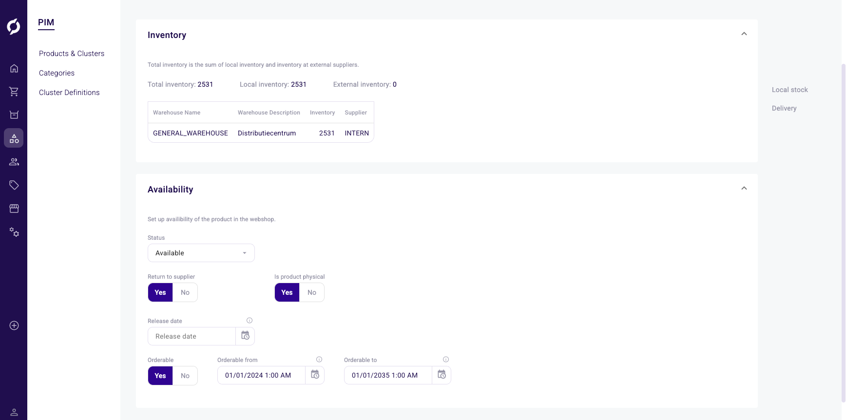Product detail, Logistics tab
