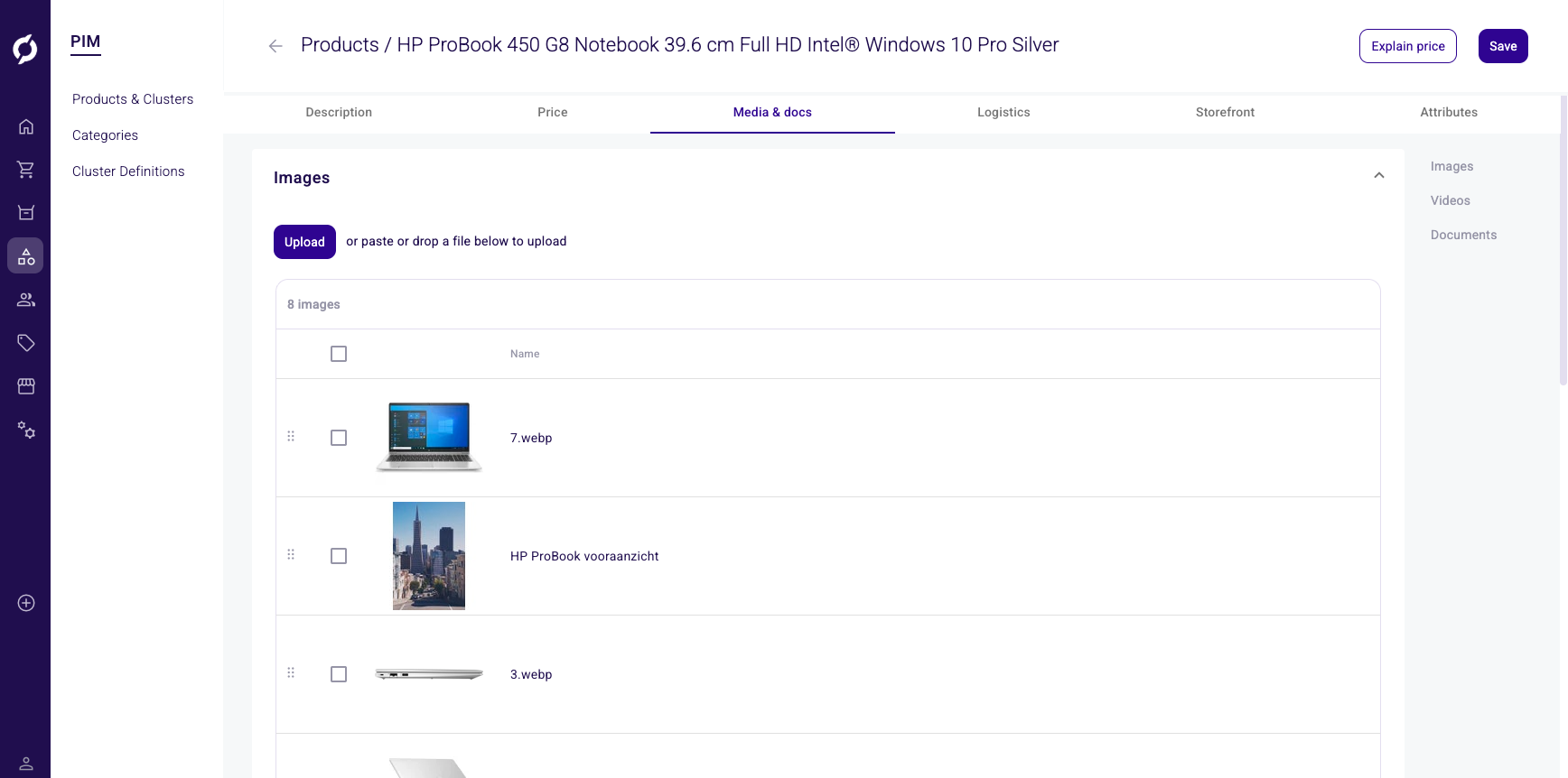 Product detail, Media and docs tab