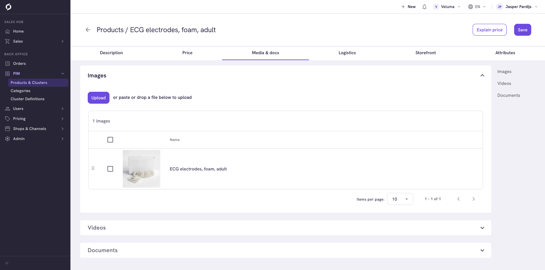 Media &amp; docs tab of a product with its image in the Images section