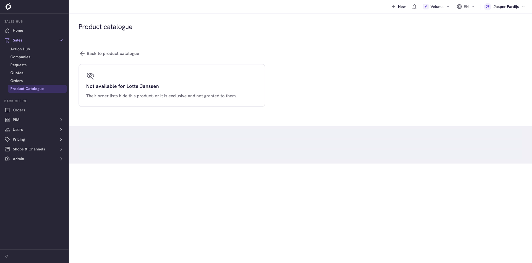 Product page in the Sales Hub with the message Not available for Lotte Janssen and Back to product catalogue above it