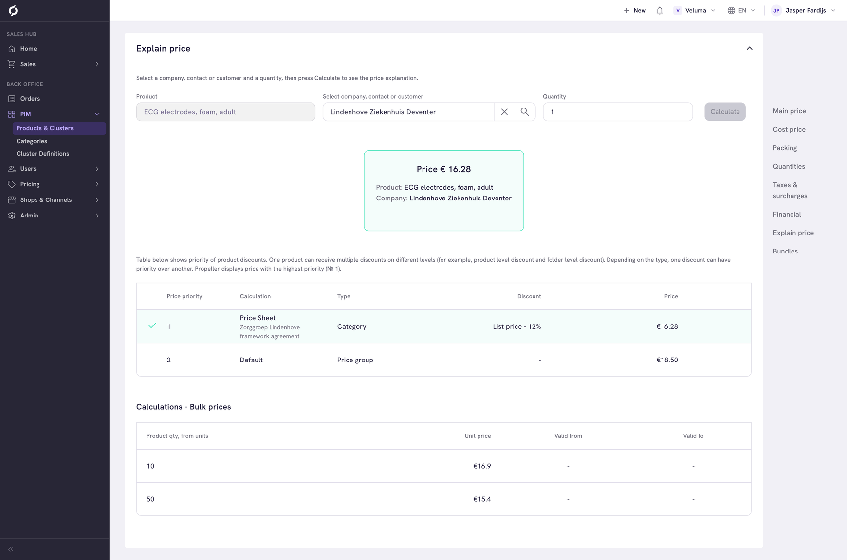 Explain price section with the price for a company, the price rules behind it and the bulk prices
