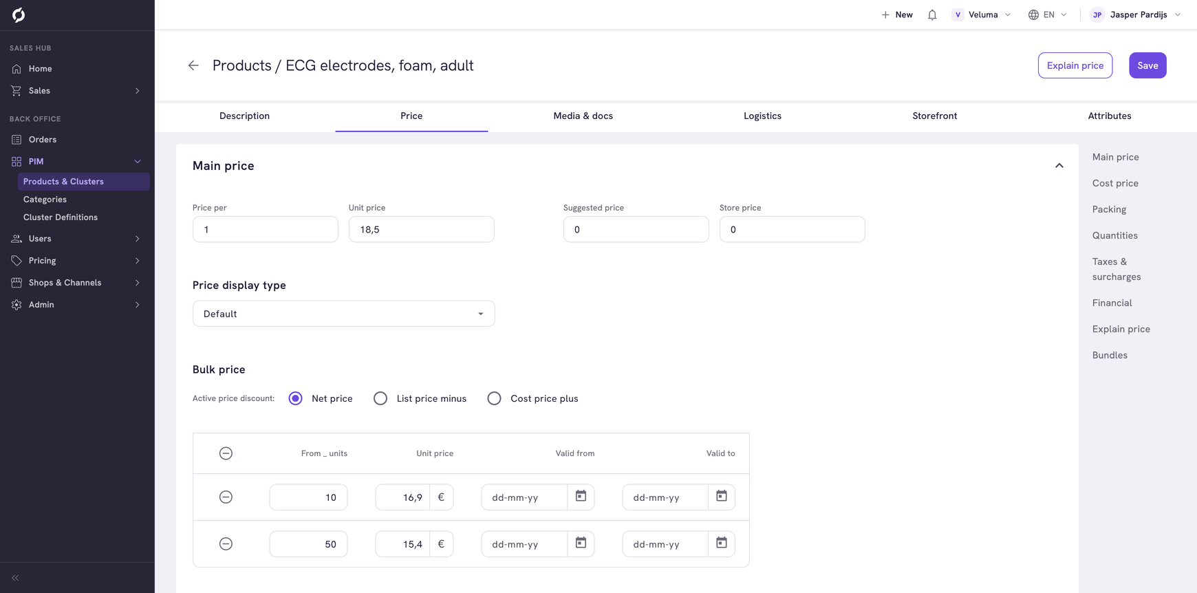 Price tab with the Main price section and two bulk prices