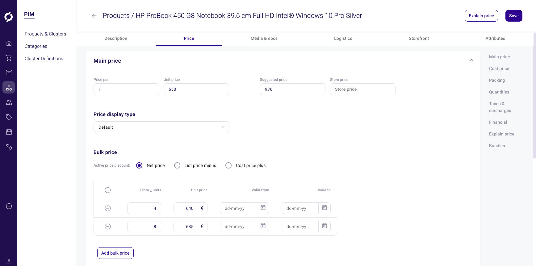 Product detail, Price tab