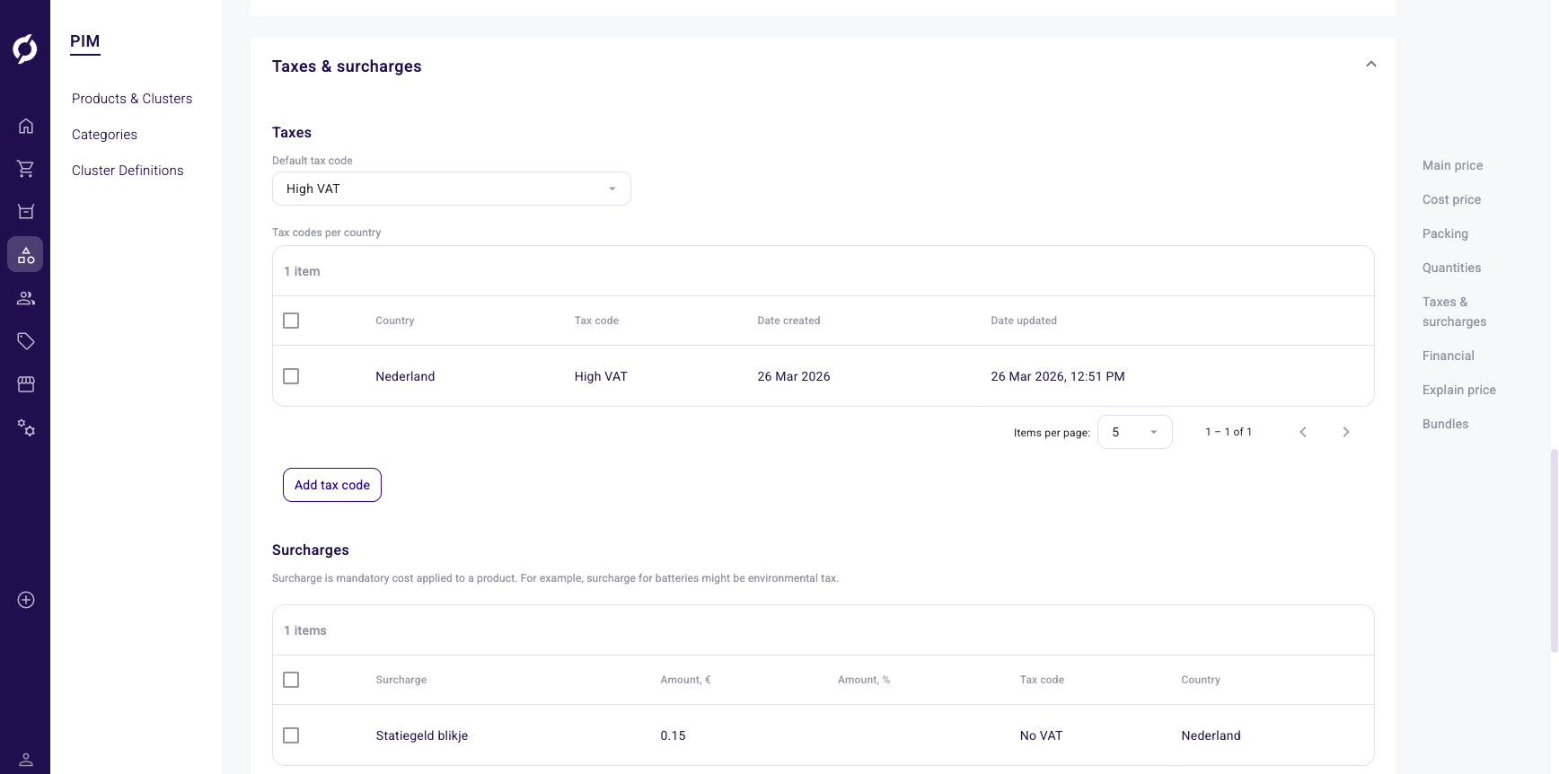 Product detail, Taxes and surcharges