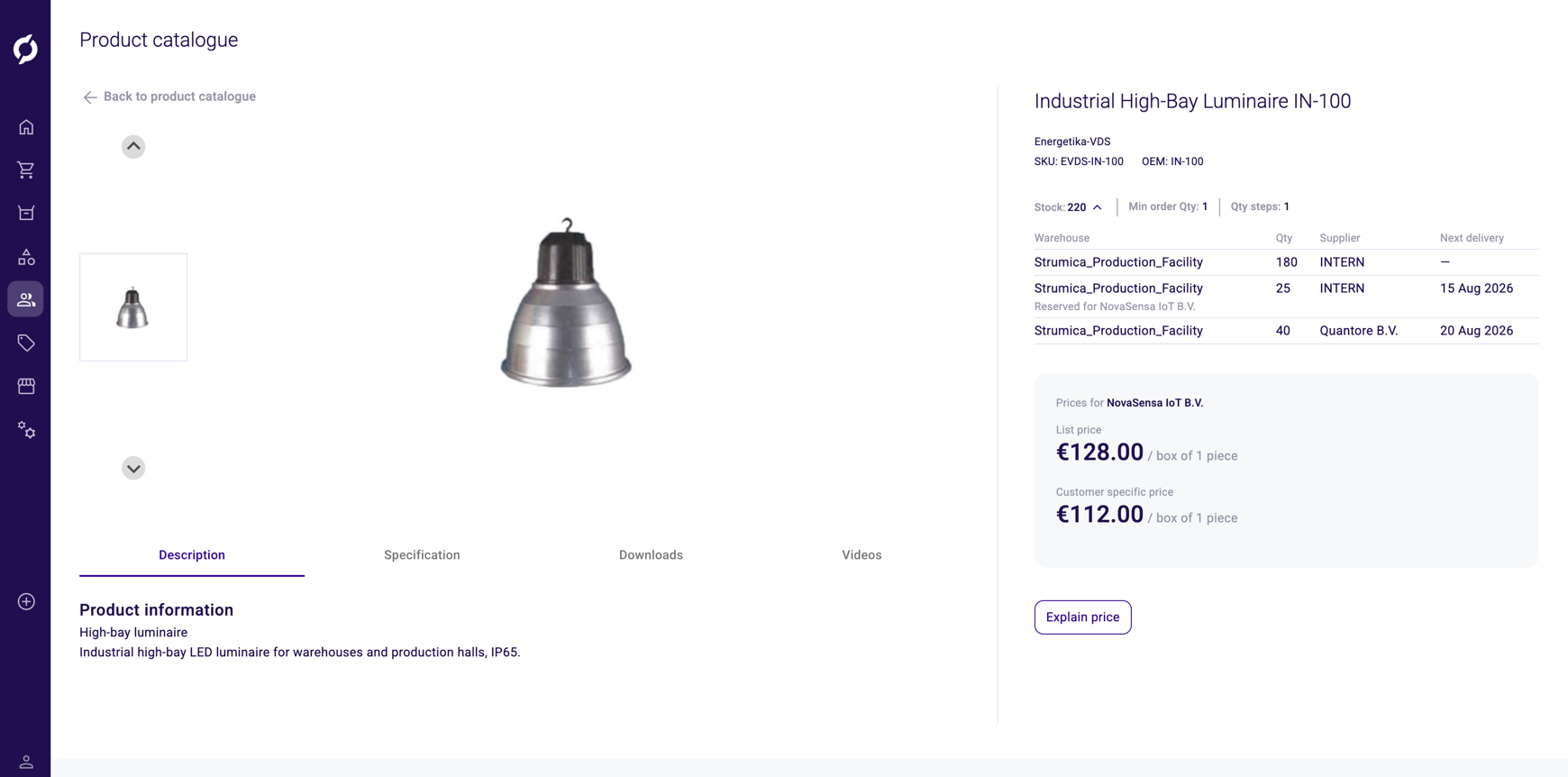 Stock expanded on a product, showing quantity, supplier and next delivery per warehouse
