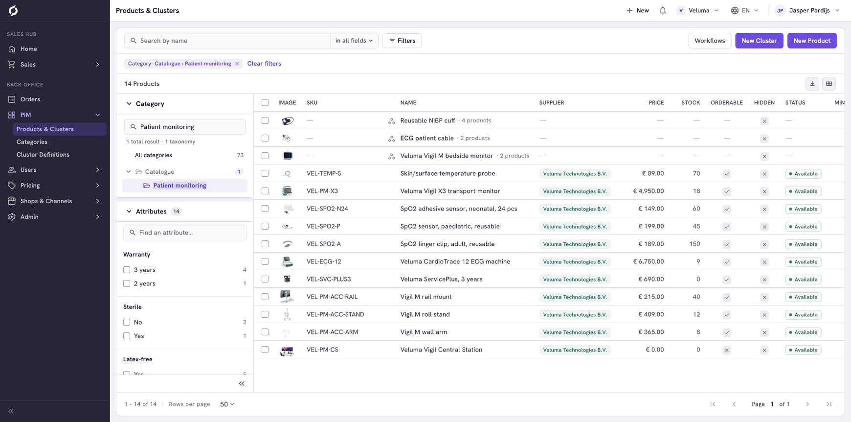 Product list filtered on the category Patient monitoring, with the filter above the table