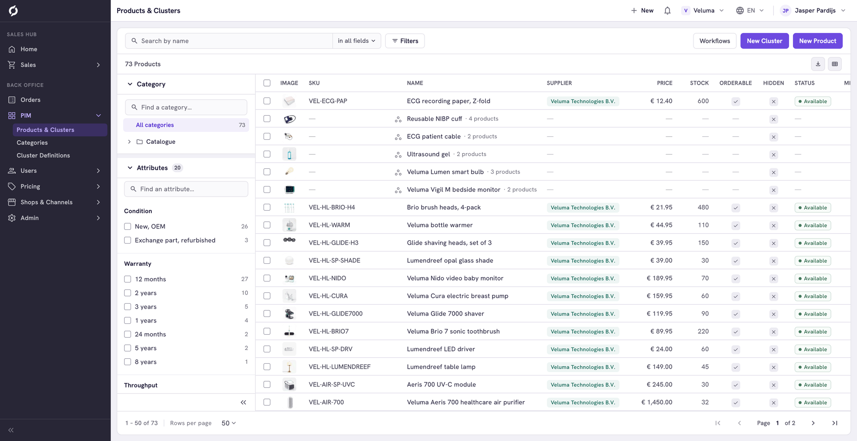Products & Clusters page with the category panel, the product filters and the table of products and clusters