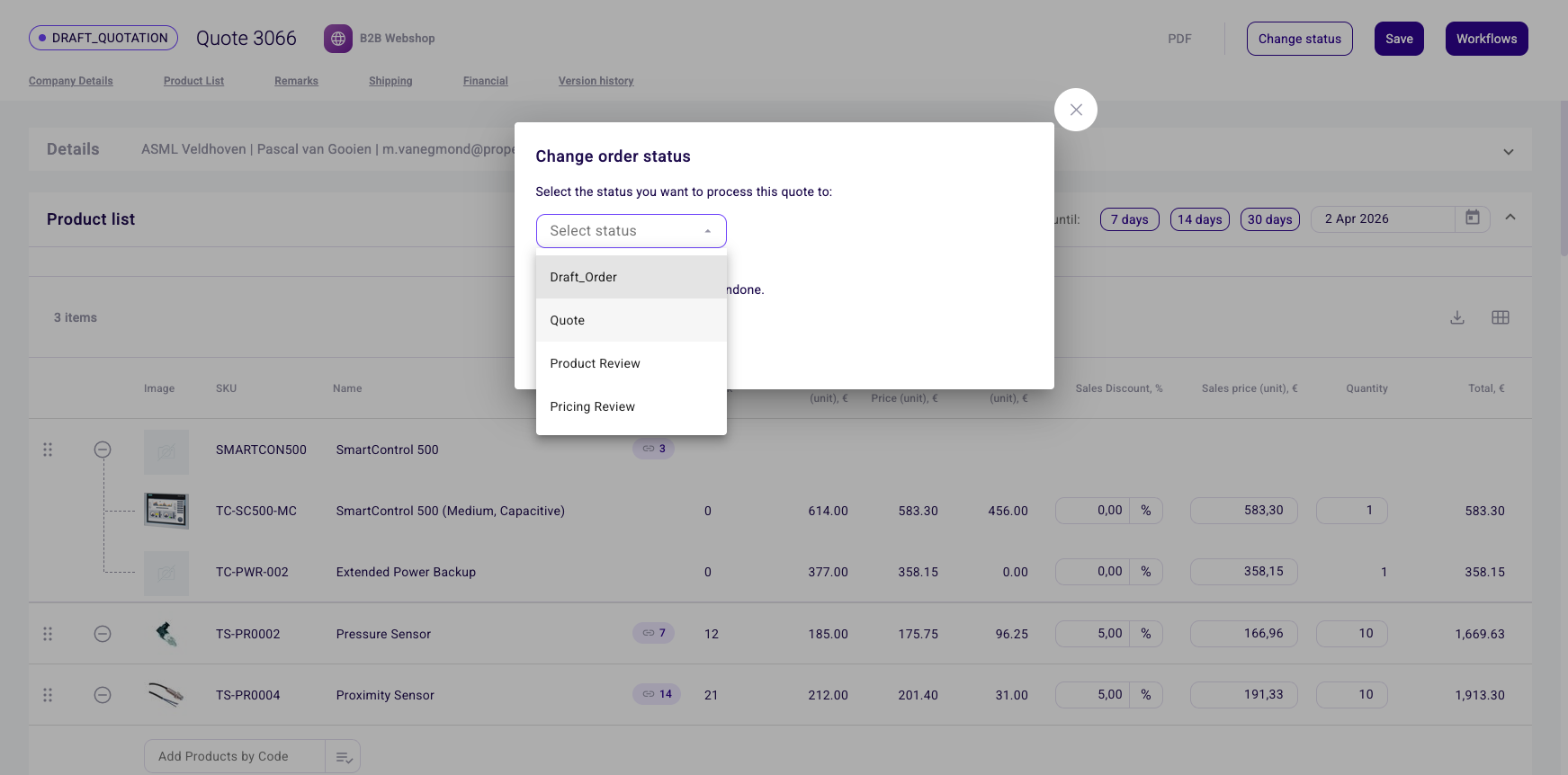 Change quote status modal
