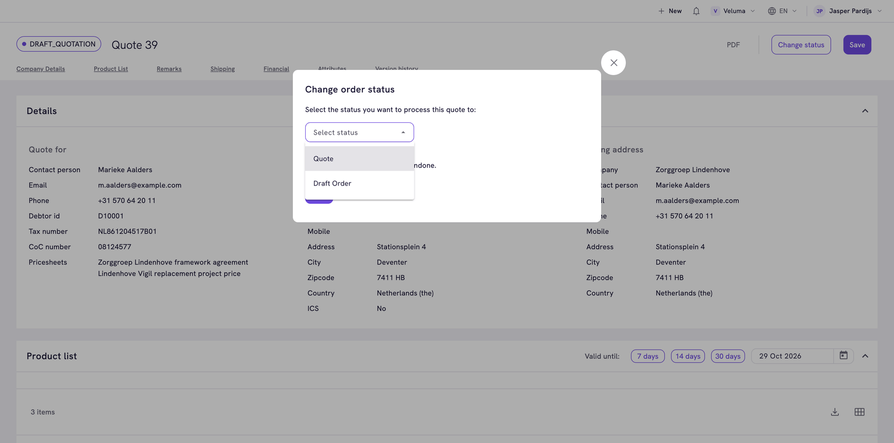 Change order status dialog on a draft quote, with the next statuses Quote and Draft Order